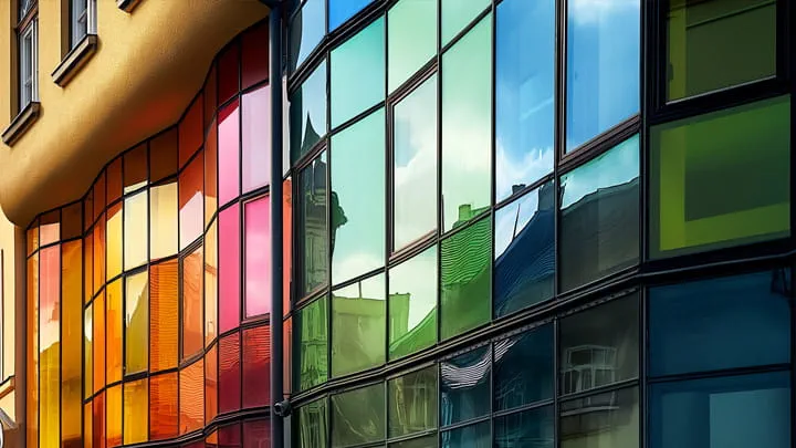 Farbenfrohe Glasfassade mit reflektierenden Paneelen