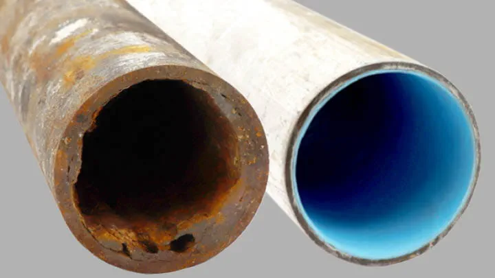 Side-by-side view of a corroded pipe and the same pipe after rehabilitation using the Boldan In-House Lining System.