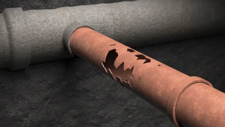 Corroded underground water pipe with severe damage next to intact pipe