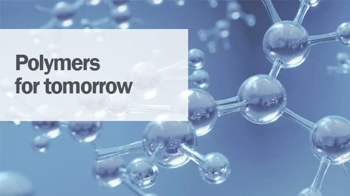 Molekyler i blå bakgrund med överliggande text: polymerer för morgondagen
