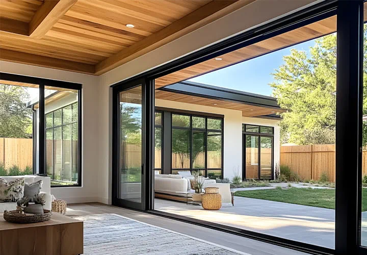 Außenansicht eines Hauses mit auffälliger Glastür und Fenstern