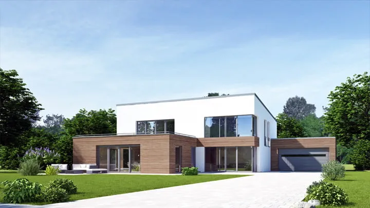 Modernt hus med stora skjutdörrar i glas och trädetaljer, som illustrerar en lösning för friktionskontroll