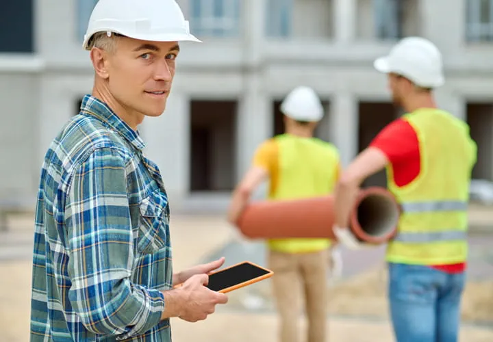 Construction workers handling pipes on-site, with a person holding a tablet