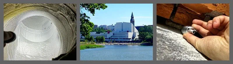 Collage image showing the Finlandia Hall, Trelleborg’s Spraypoxy equipment and the pipe