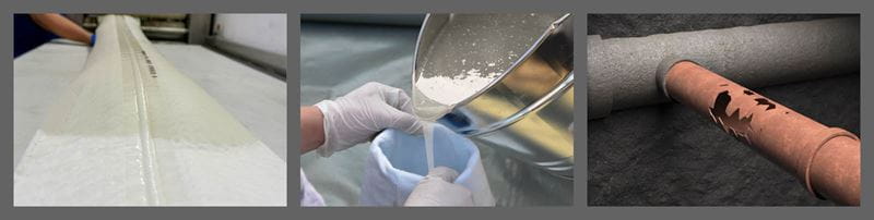 Bild av rehabiliteringssteg för sidorör: skadat rör, hartsgjutning och förberedelse av foder