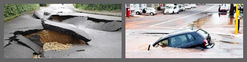 Urban road sinkhole and street flooding caused by broken underground water pipe