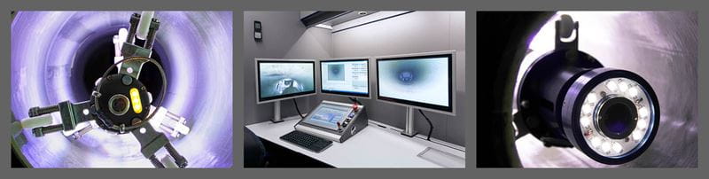 Collage showing UV pipe repair: light chain in lined pipe, camera view inside pipe, and monitoring room with live footage