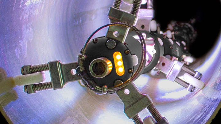 Light chain inside a lined pipe, used in UV pipe repair technology to cure the pipe lining