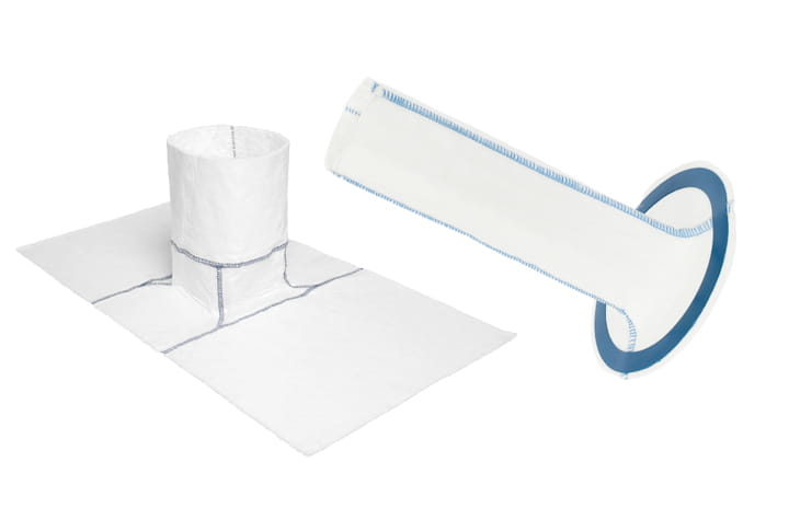 Two views of a pipe repair liner: one flat with a long tube section, and one rolled up with a blue end