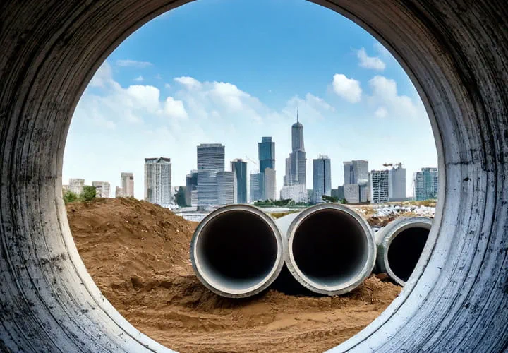 View of large concrete pipes on a construction site with a city skyline in the background