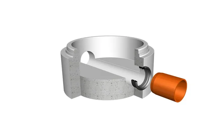 3D cross section of Trelleborg 910 Triple Lip in a manhole with orange pipe before being installed