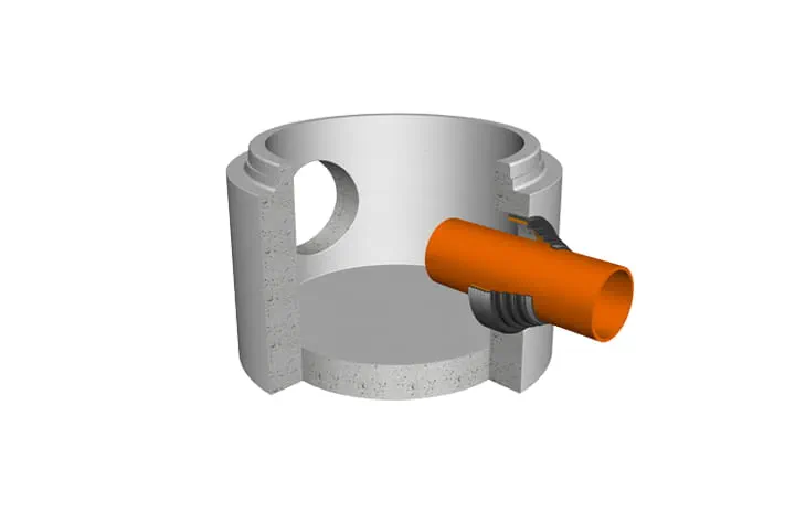 3D cross section of Trelleborg 911 Multi Connector in a manhole with orange pipe after being installed